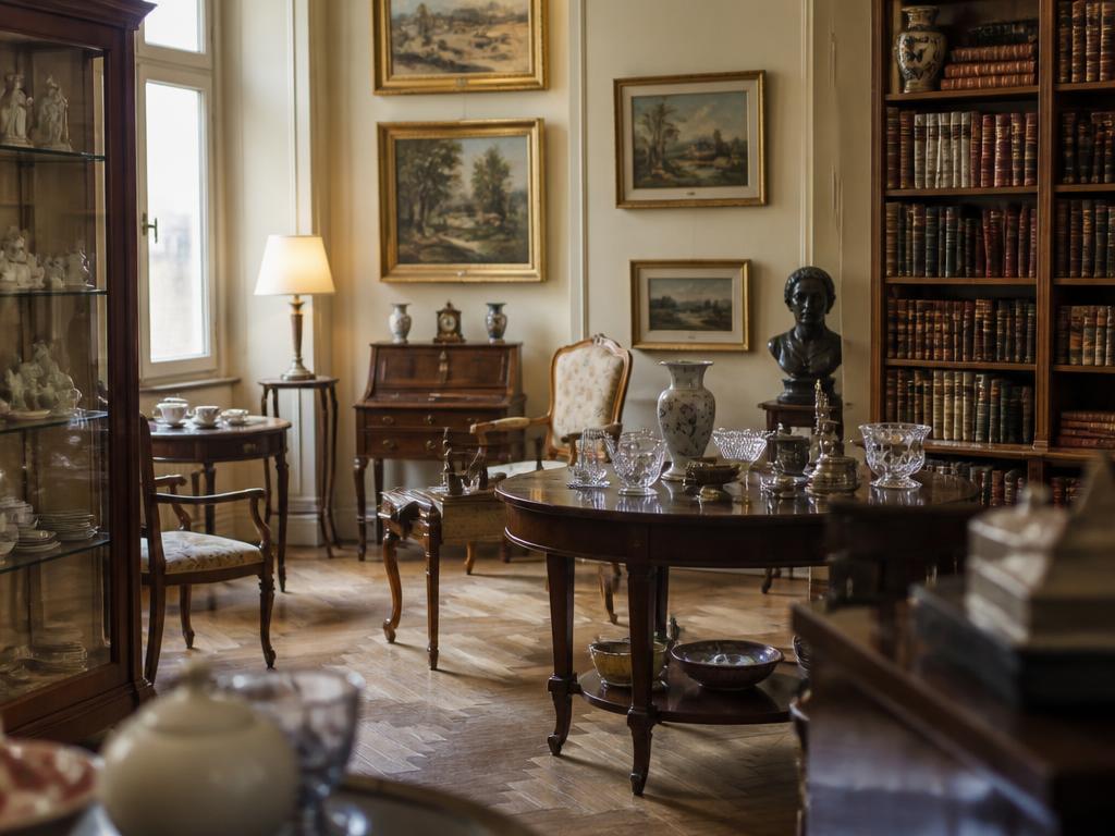 Interiér starožitnictví s policemi plnými porcelánu, hodin a knih