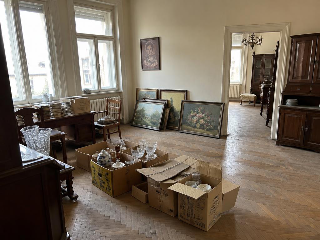 Vyklízený pokoj v českém bytě s obrazy, knihami, nábytkem a bednami porcelánu